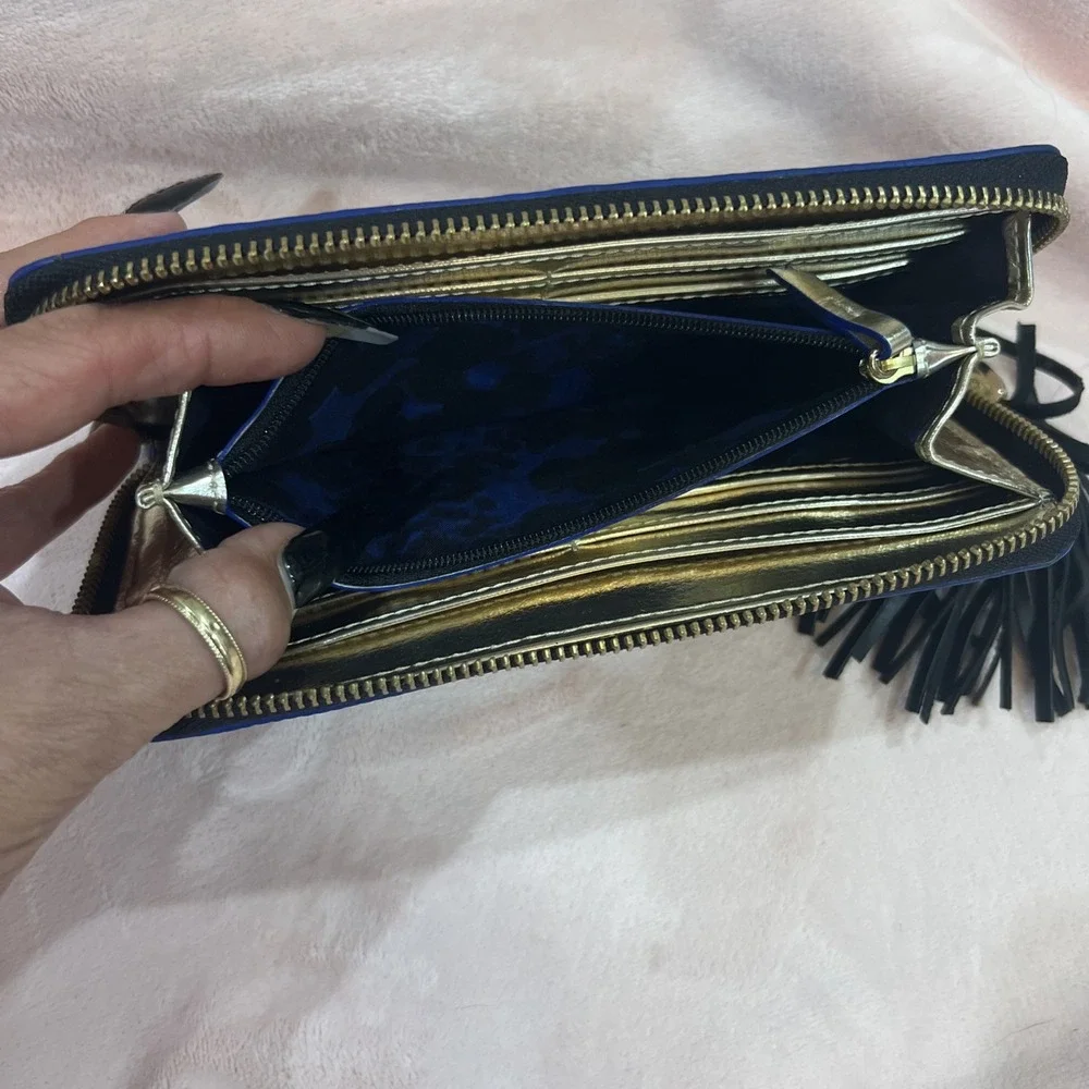 Stella &‎ Dot Black Leather Zip Around Organizational Clutch Wallet Tassel